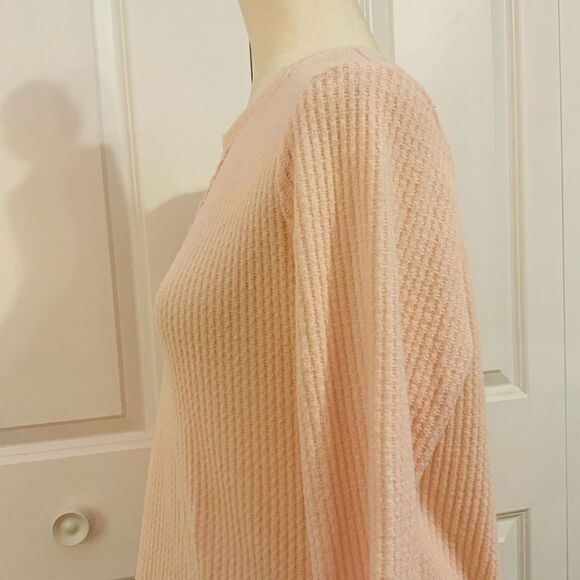 Green Tea Light Blush Pink Waffle Knit Thermal Long Sleeve Sweater Medium - Picture 6 of 11
